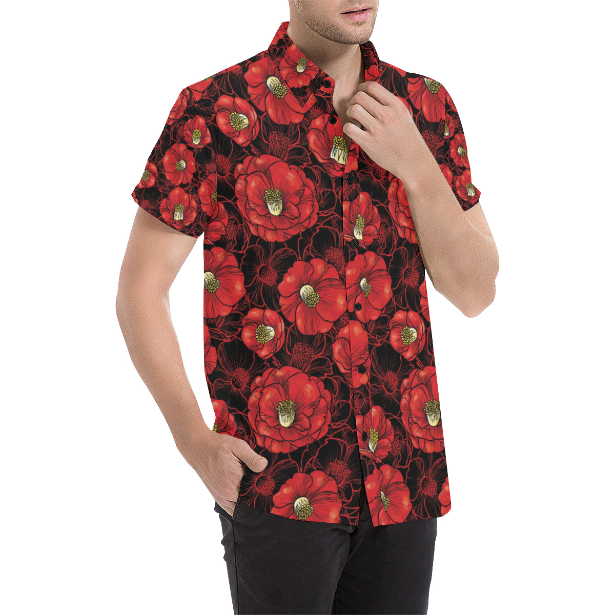 Camellia Pattern Print Design CM06 Men's Short Sleeve Button Up Shirt