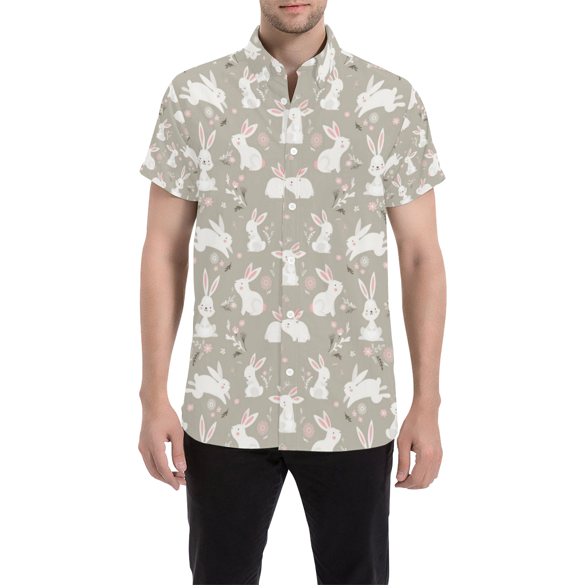 Rabbit Pattern Print Design RB03 Men's Short Sleeve Button Up Shirt