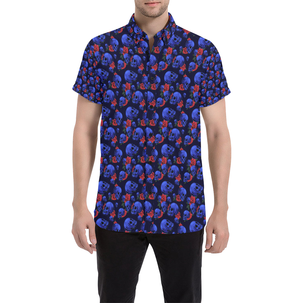 Skull Roses Neon Design Themed Print Men's Short Sleeve Button Up Shirt