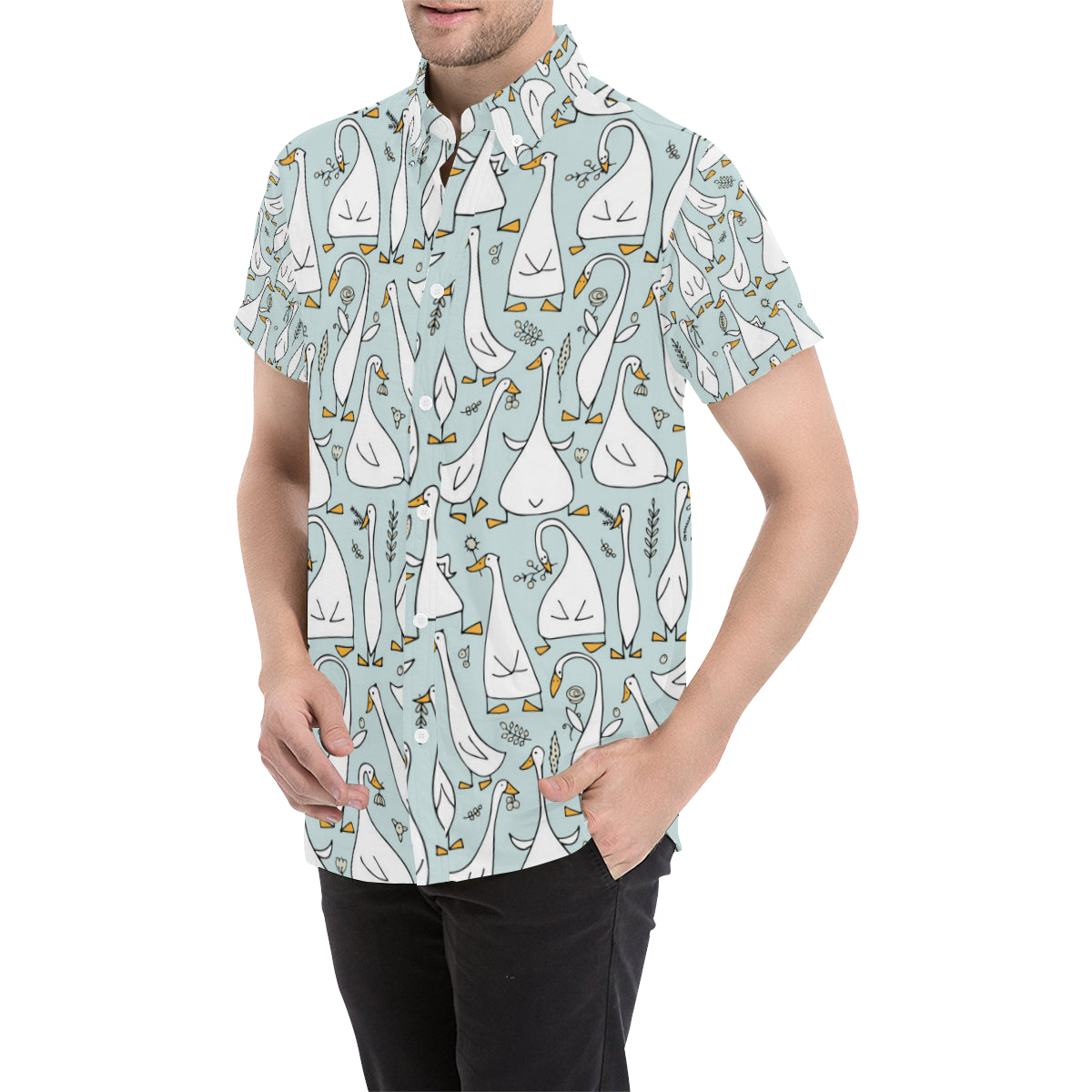 Goose Pattern Print Design 03 Men's Short Sleeve Button Up Shirt