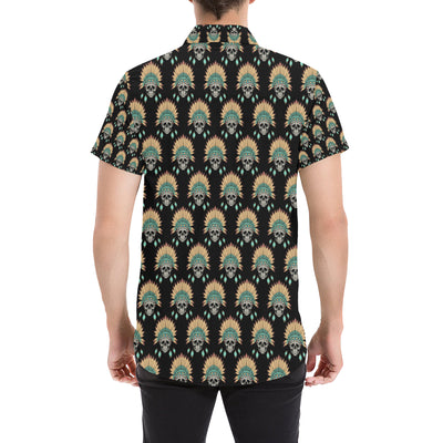 American indian Skull Pattern Men's Short Sleeve Button Up Shirt