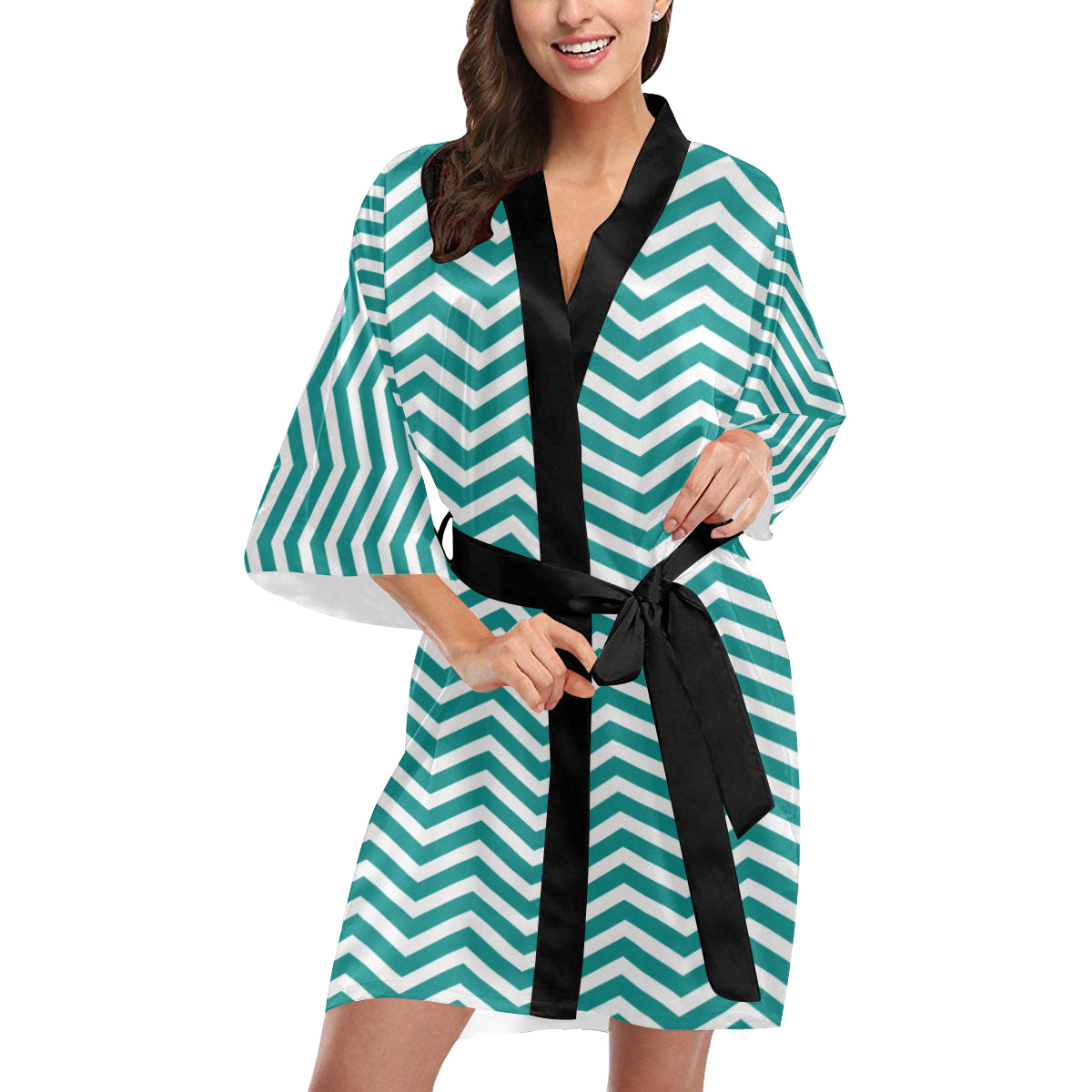 Chevron Teal Pattern Print Design 02 Women's Short Kimono