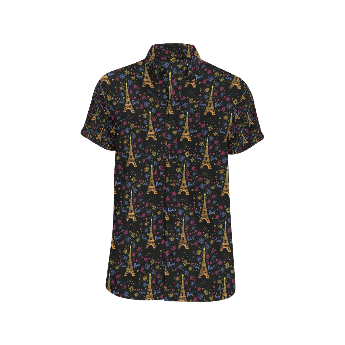 Eiffel Tower Love Paris Print Men's Short Sleeve Button Up Shirt