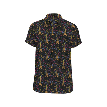 Eiffel Tower Love Paris Print Men's Short Sleeve Button Up Shirt