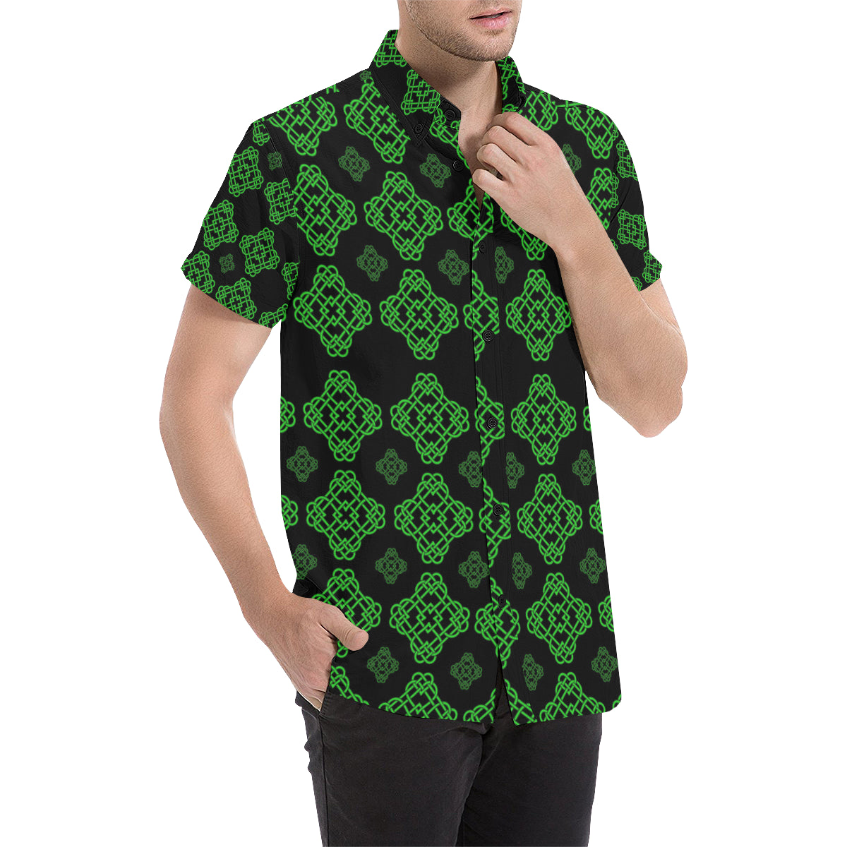 Celtic Knot Green Neon Design Men's Short Sleeve Button Up Shirt