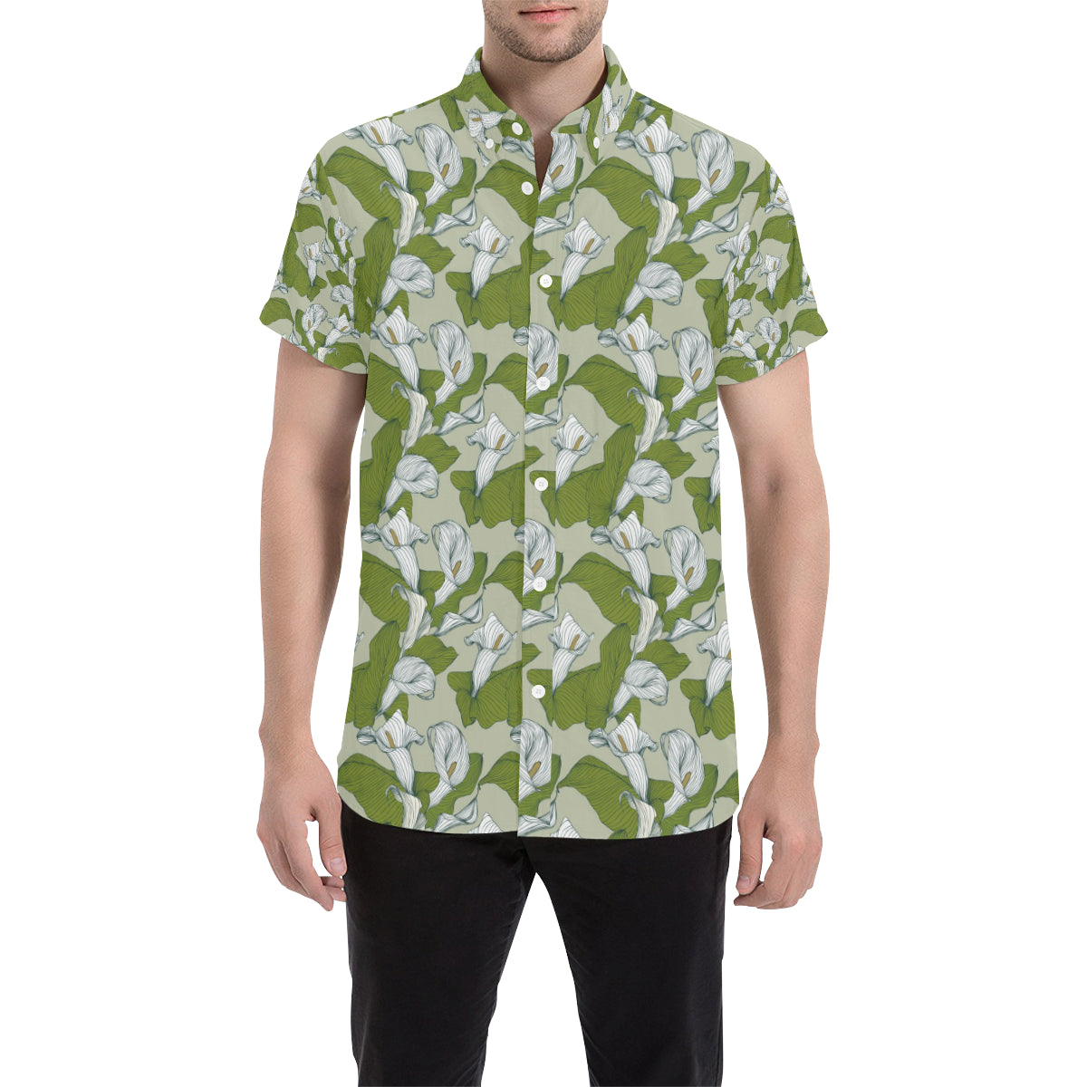 Lily Pattern Print Design LY08 Men's Short Sleeve Button Up Shirt
