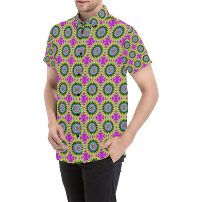 Optical illusion Flower Rainbow Style Men's Short Sleeve Button Up Shirt