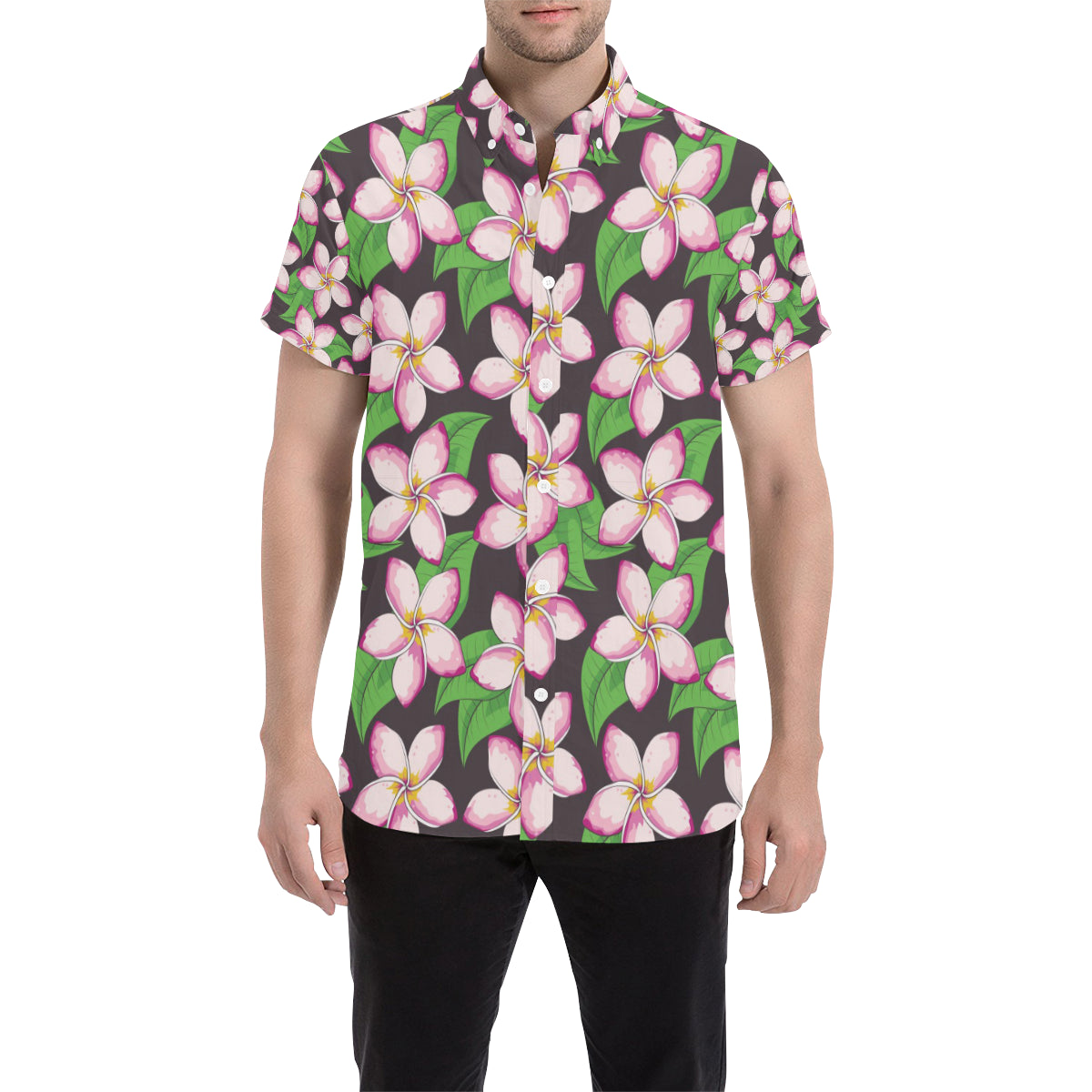 Pink Plumeria Pattern Print Design PM019 Men's Short Sleeve Button Up Shirt