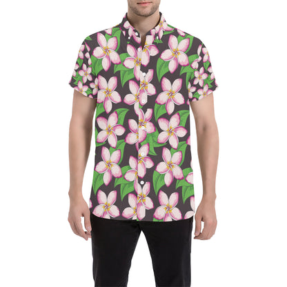 Pink Plumeria Pattern Print Design PM019 Men's Short Sleeve Button Up Shirt