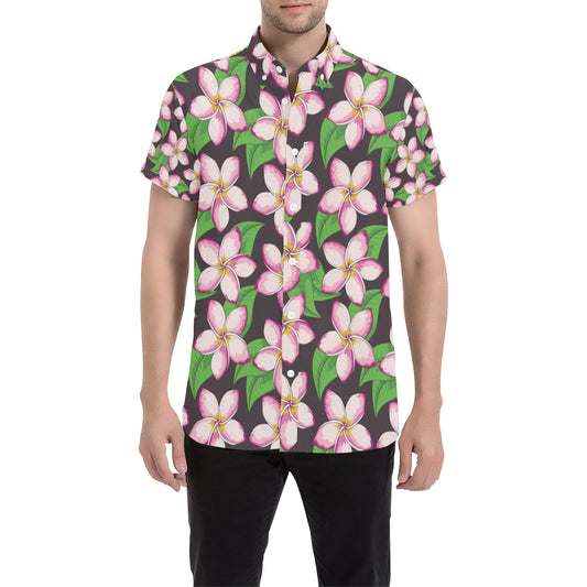 Pink Plumeria Pattern Print Design PM019 Men's Short Sleeve Button Up Shirt