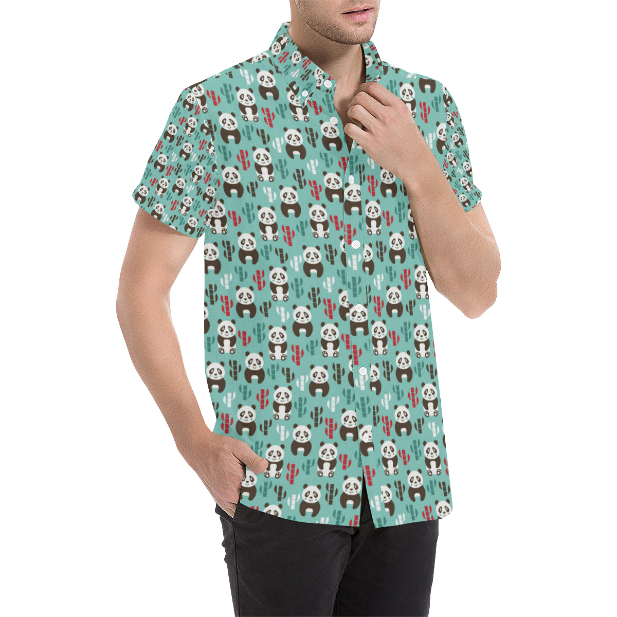 Panda Bear Cute Themed Print Men's Short Sleeve Button Up Shirt