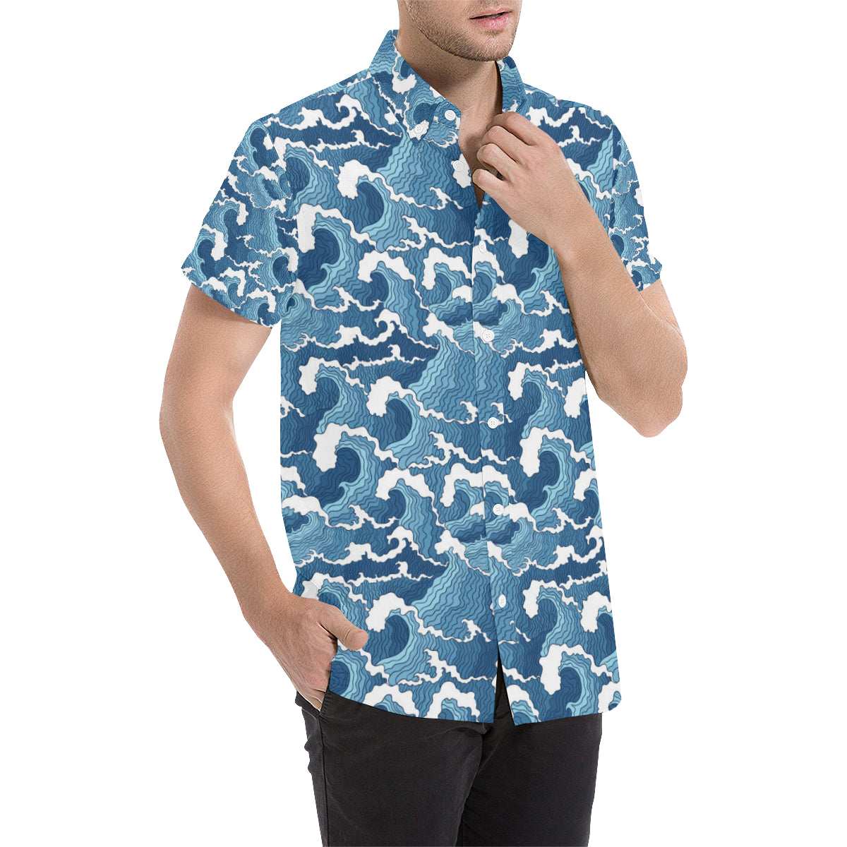 Wave Themed Pattern Print Men's Short Sleeve Button Up Shirt