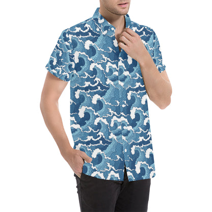 Wave Themed Pattern Print Men's Short Sleeve Button Up Shirt