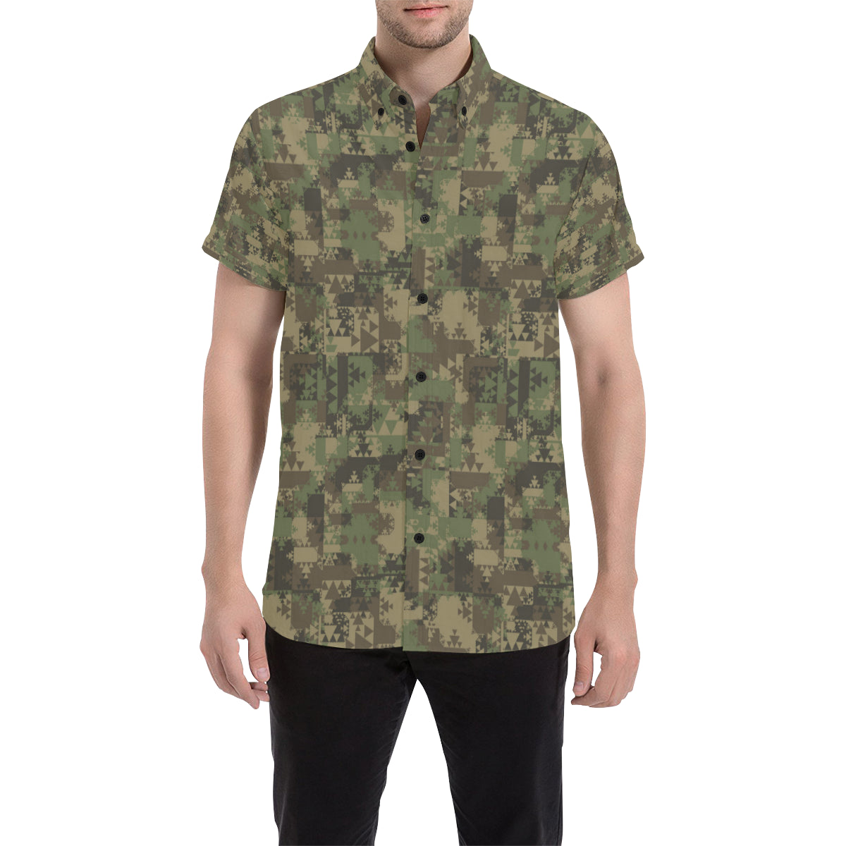 Camouflage Aztec Green Army Print Men's Short Sleeve Button Up Shirt