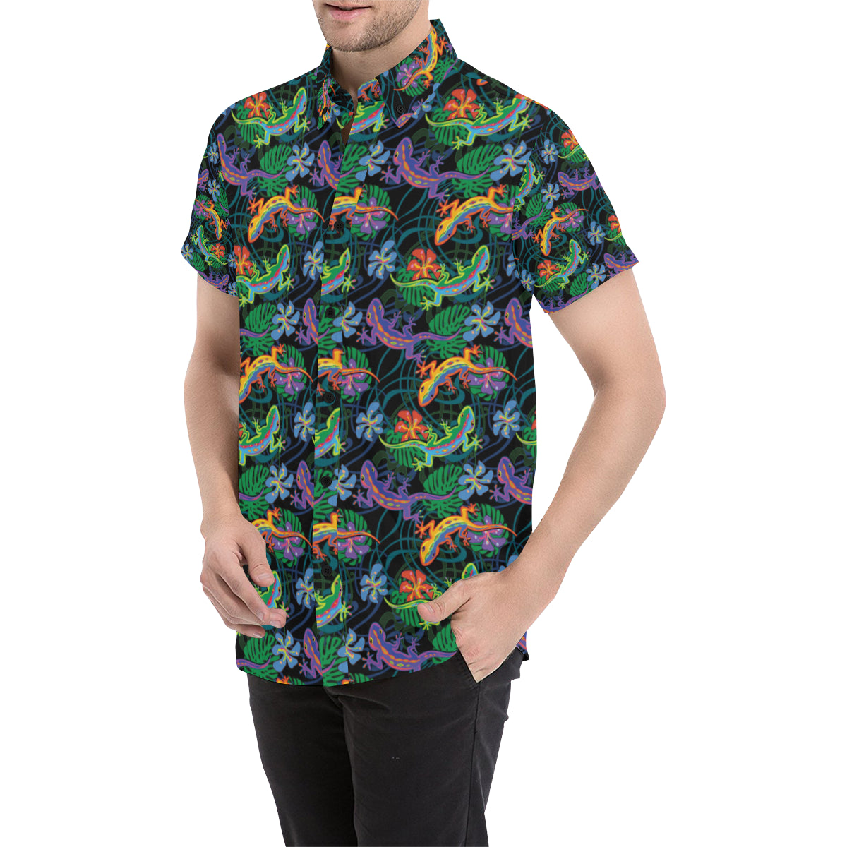 Gecko Colorful Pattern Print Design 01 Men's Short Sleeve Button Up Shirt