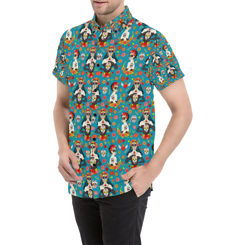 Day of the Dead Old School Girl Design Men's Short Sleeve Button Up Shirt