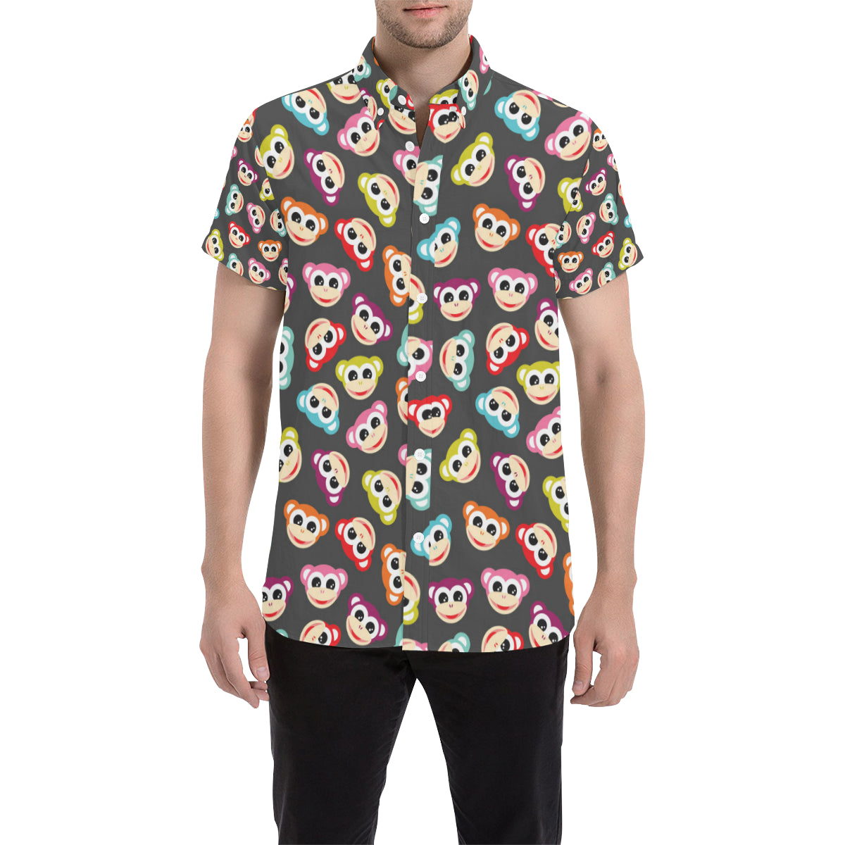 Monkey Head Design Themed Print Men's Short Sleeve Button Up Shirt
