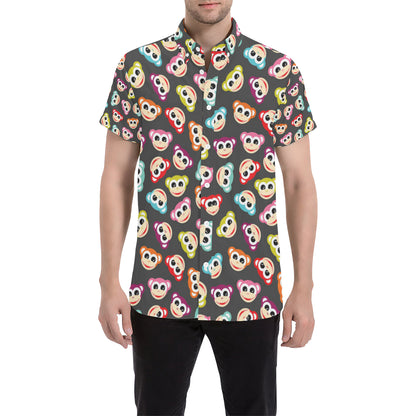 Monkey Head Design Themed Print Men's Short Sleeve Button Up Shirt