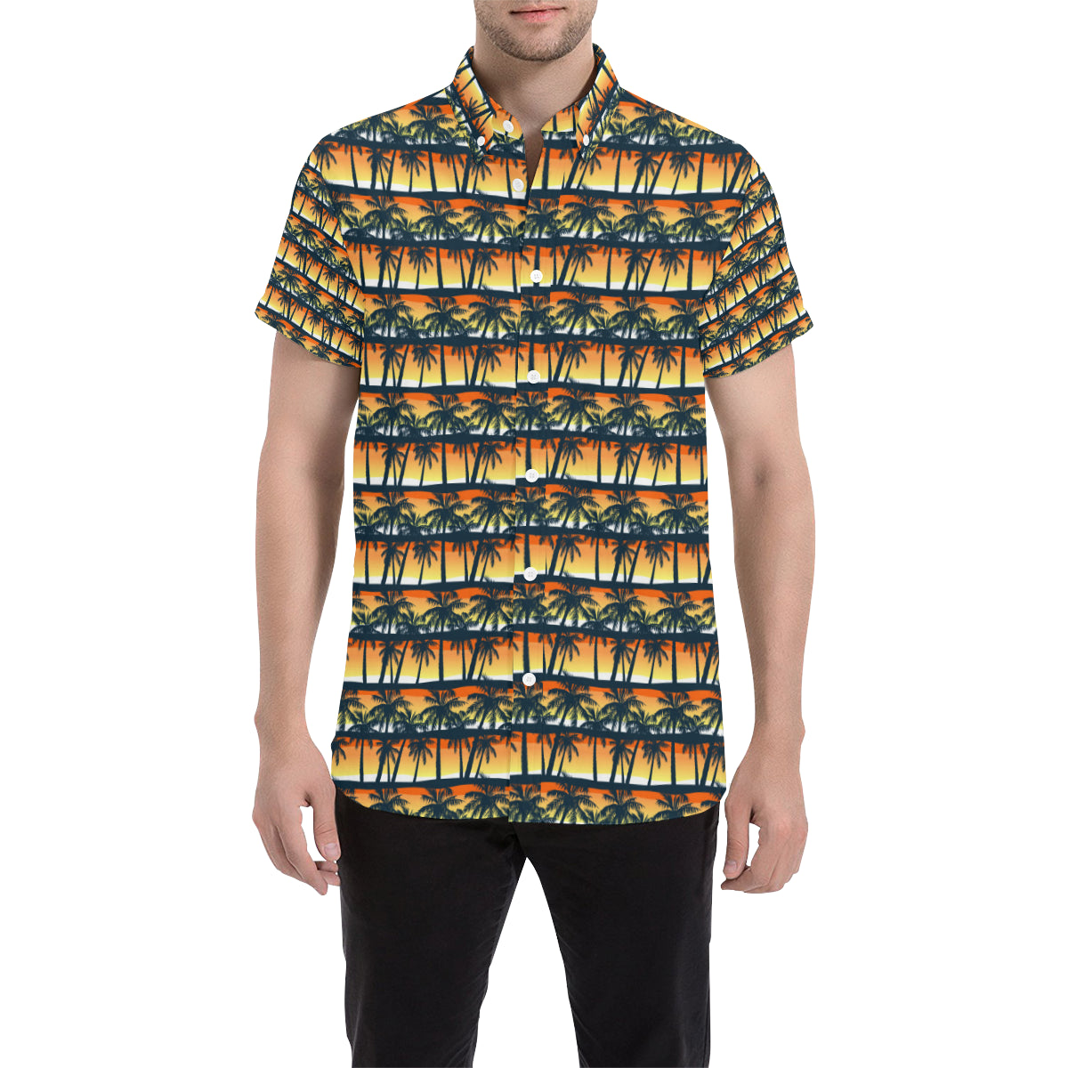 Palm Tree Sunset Design Print Men's Short Sleeve Button Up Shirt