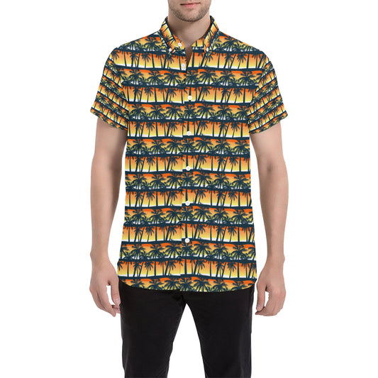 Palm Tree Sunset Design Print Men's Short Sleeve Button Up Shirt