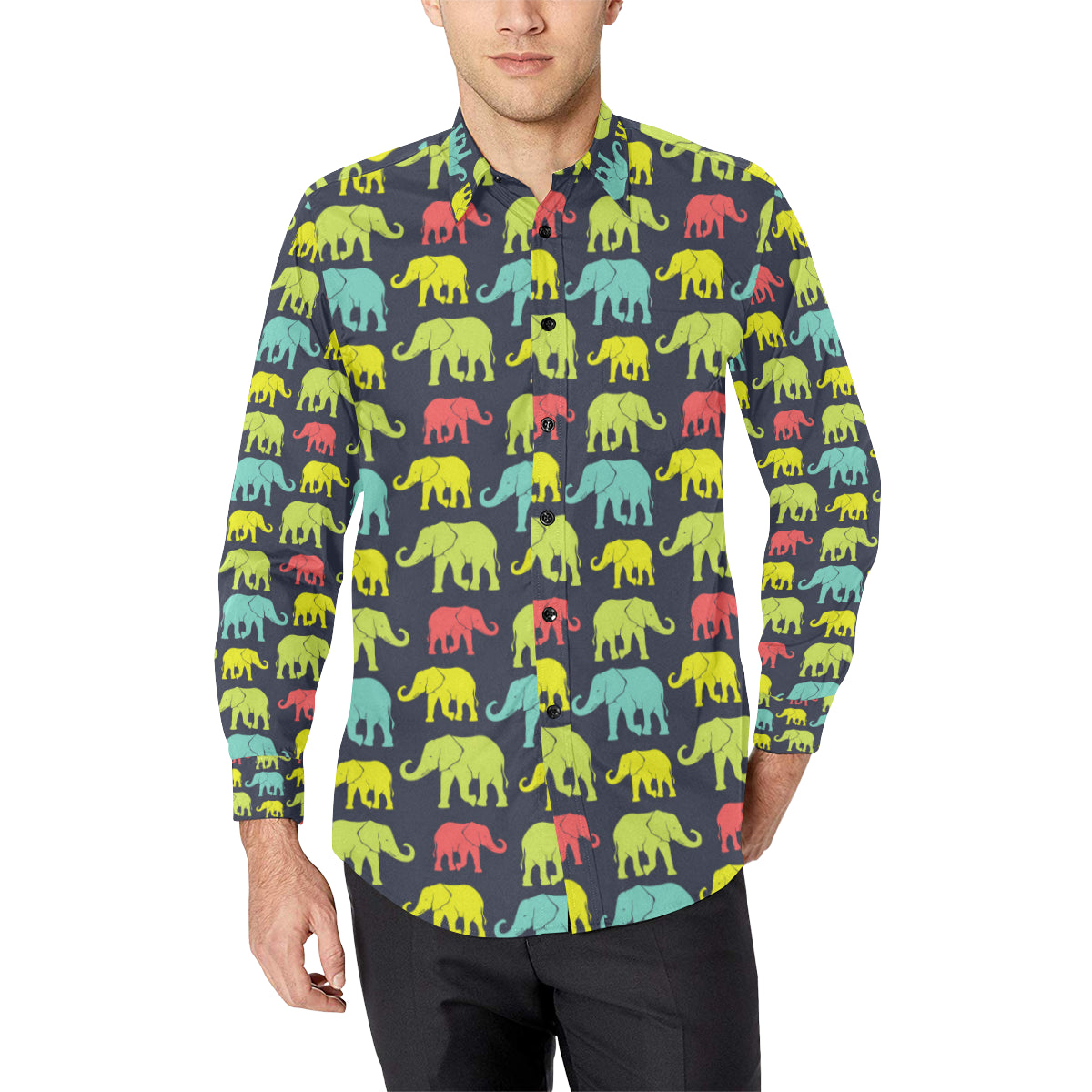 Elephant Neon Color Print Pattern Men's Long Sleeve Shirt