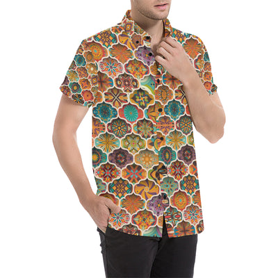 Mandala Mosaic Themed Design Print Men's Short Sleeve Button Up Shirt