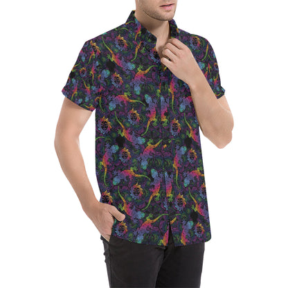 Gecko Rainbow Pattern Print Design 03 Men's Short Sleeve Button Up Shirt