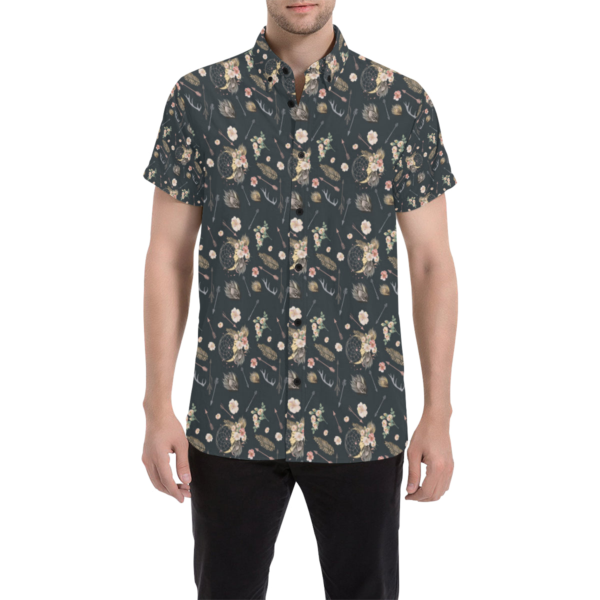 Bohemian Pattern Print Design 09 Men's Short Sleeve Button Up Shirt