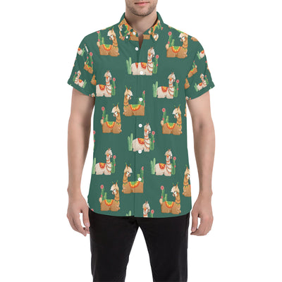 Llama Cactus Pattern Print Design 07 Men's Short Sleeve Button Up Shirt