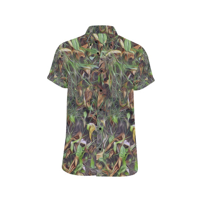 Camouflage Realistic Tree Print Men's Short Sleeve Button Up Shirt