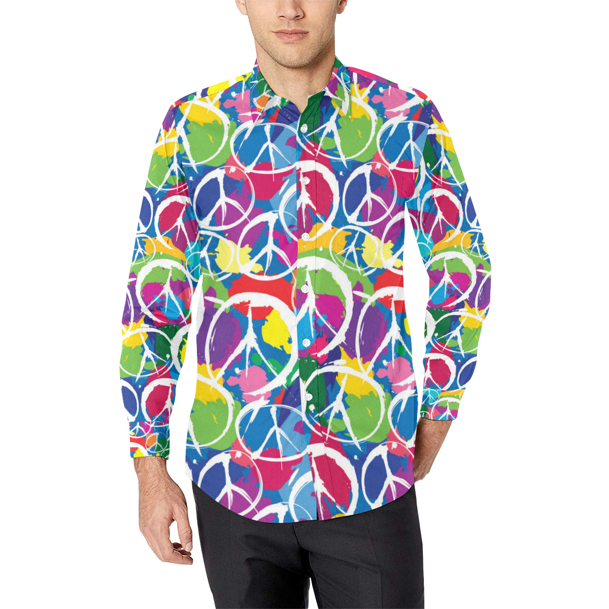 Peace Sign Colorful Pattern Print Design A02 Men's Long Sleeve Shirt