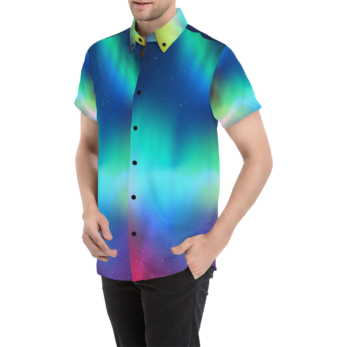 Aurora Borealis Pattern Print Design 02 Men's Short Sleeve Button Up Shirt