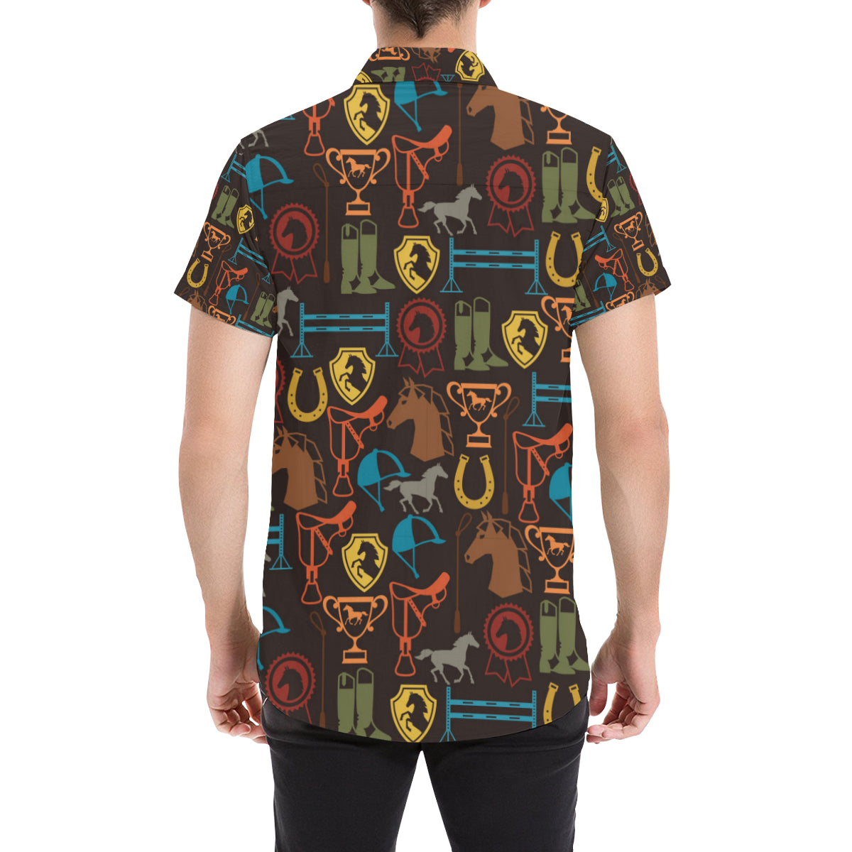 Equestrian Equipment Horse Colorful Men's Short Sleeve Button Up Shirt