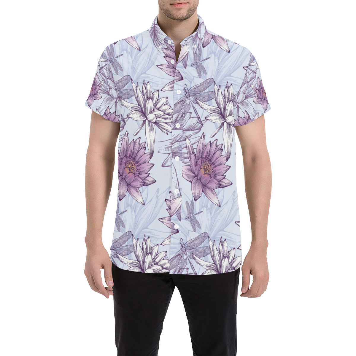 Water Lily Pattern Print Design WL01 Men's Short Sleeve Button Up Shirt