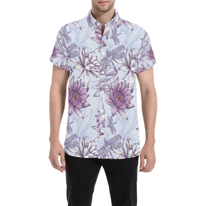 Water Lily Pattern Print Design WL01 Men's Short Sleeve Button Up Shirt