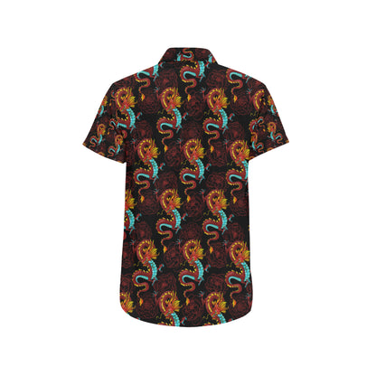 Chinese Dragons and Peonies Design Men's Short Sleeve Button Up Shirt