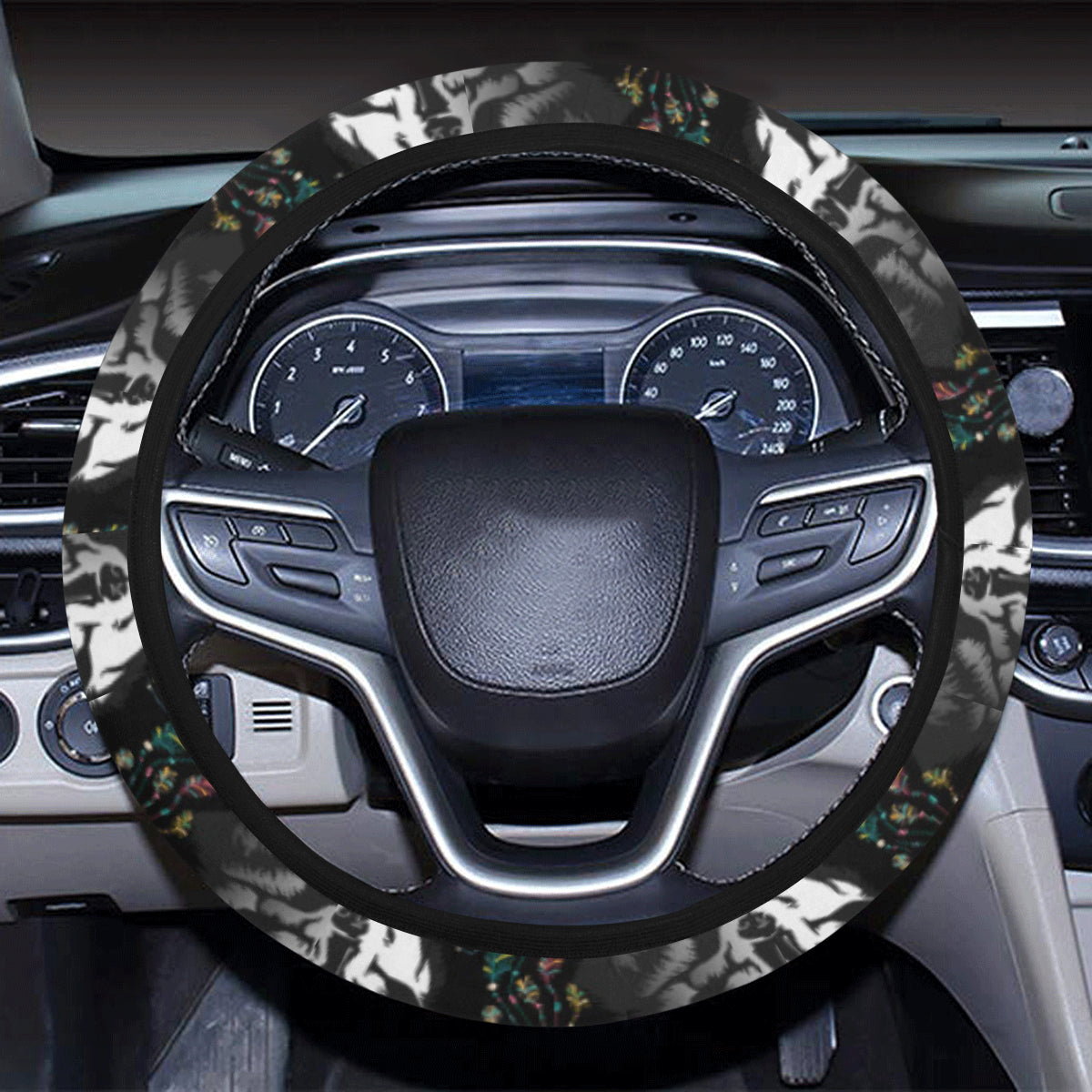 Wolf Black Dream Catcher Design Print Steering Wheel Cover with Elastic Edge
