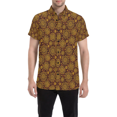 Gold Sunflower Hand Drawn Print Men's Short Sleeve Button Up Shirt