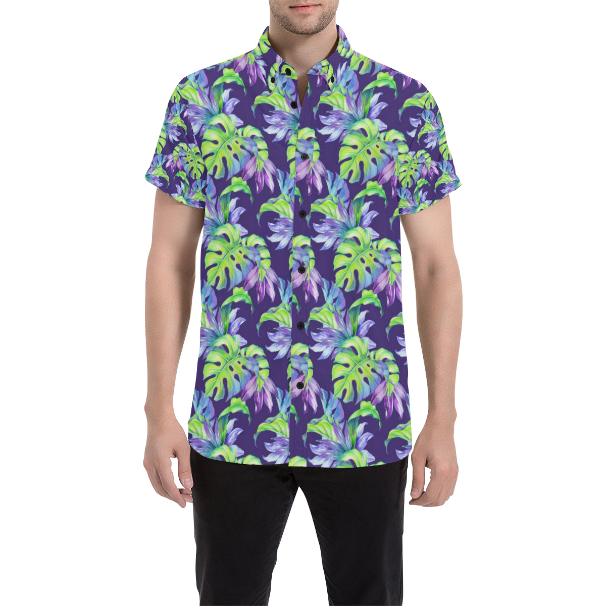 Tropical Flower Pattern Print Design TF019 Men's Short Sleeve Button Up Shirt