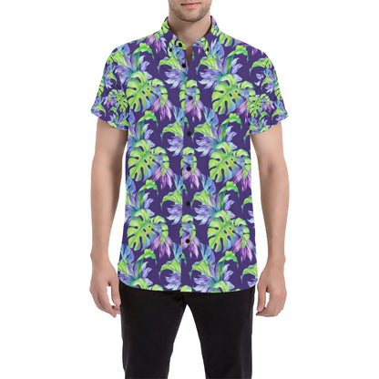 Tropical Flower Pattern Print Design TF019 Men's Short Sleeve Button Up Shirt