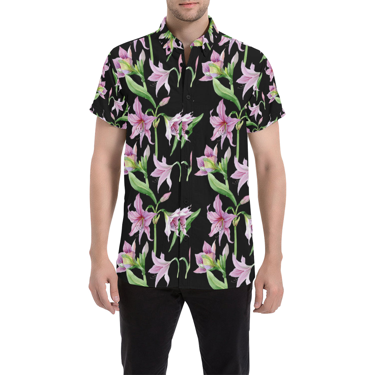 Amaryllis Pattern Print Design AL08 Men's Short Sleeve Button Up Shirt