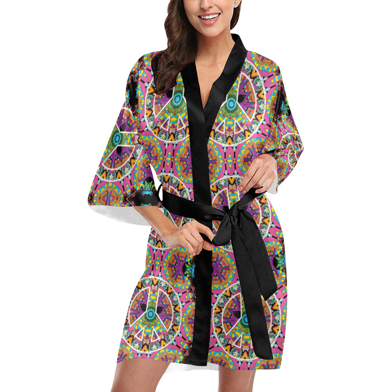 Peace Sign Pattern Print Design A03 Women's Short Kimono