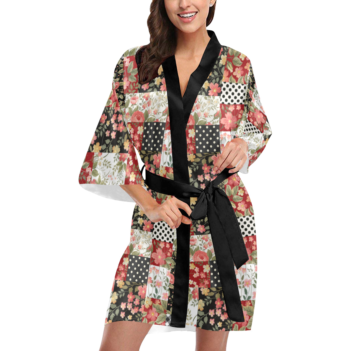 Patchwork Flower Pattern Print Design 03 Women's Short Kimono