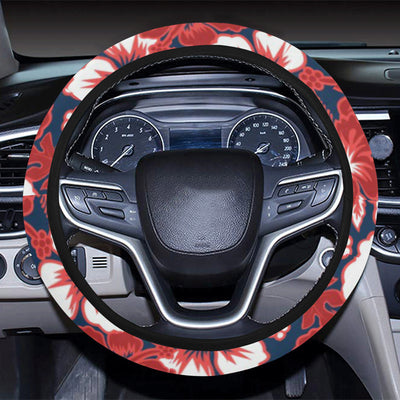 Red Hibiscus Pattern Print Design HB01 Steering Wheel Cover with Elastic Edge