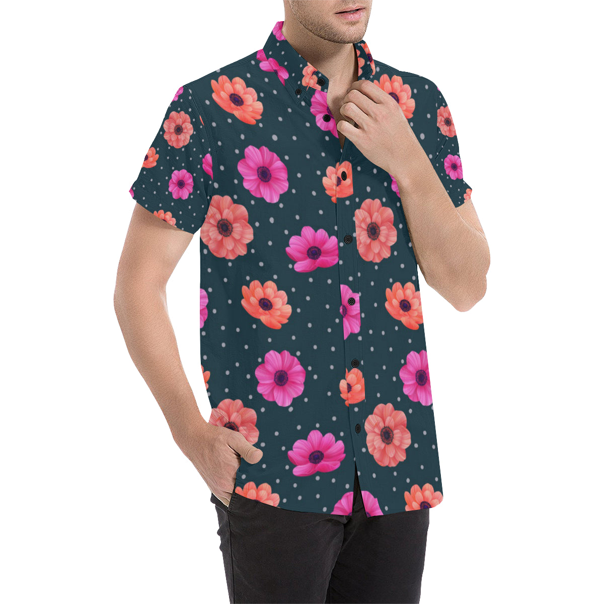 Anemone Pattern Print Design AM08 Men's Short Sleeve Button Up Shirt