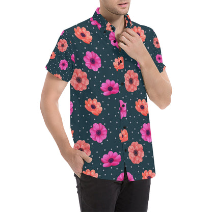Anemone Pattern Print Design AM08 Men's Short Sleeve Button Up Shirt