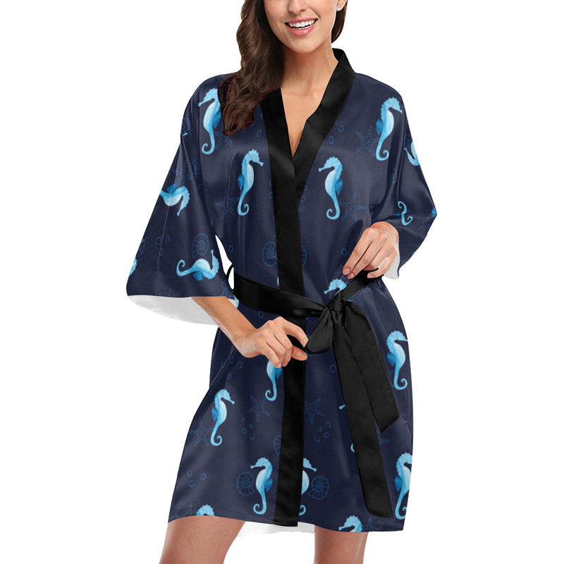 SeaHorse Blue neon Pattern Print Design 03 Women's Short Kimono