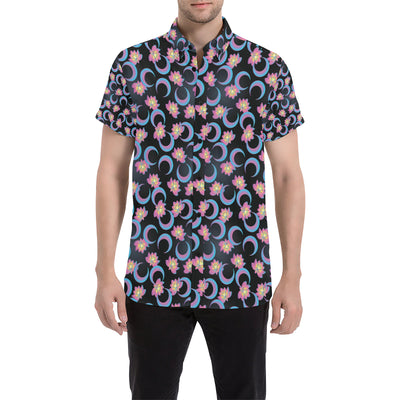 Lotus with Moon Pink Print Themed Men's Short Sleeve Button Up Shirt