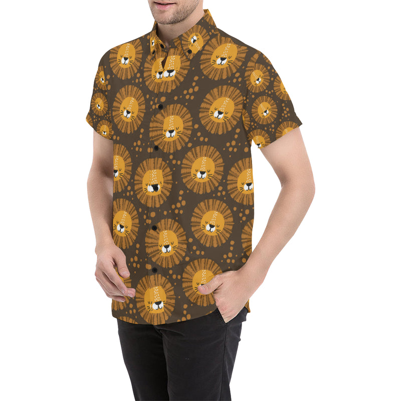 Lion Cartoon Pattern Print Design 01 Men's Short Sleeve Button Up Shirt