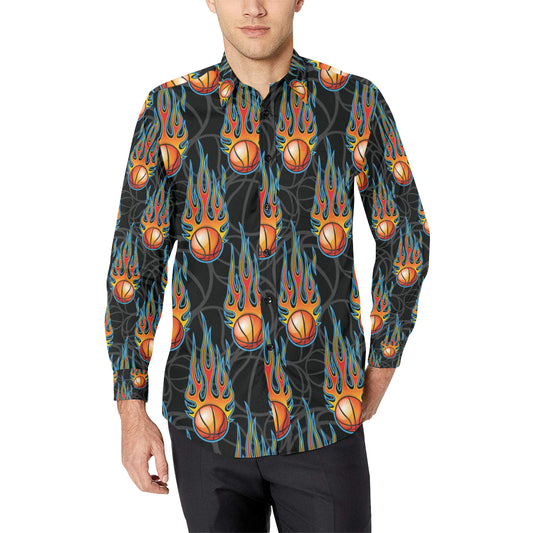Basketball Fire Print Pattern Men's Long Sleeve Shirt